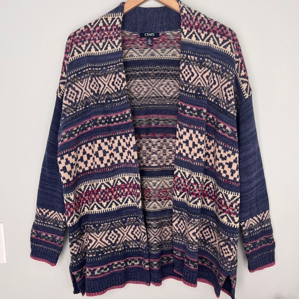 Chaps Women’s Medium Knit Sweater‎ Cardigan Aztec Boho Open Front Blue Cozy